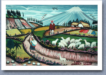 Tigua painting on sheep skin of farming scene