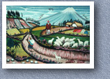 Tigua painting on sheep skin of farming scene