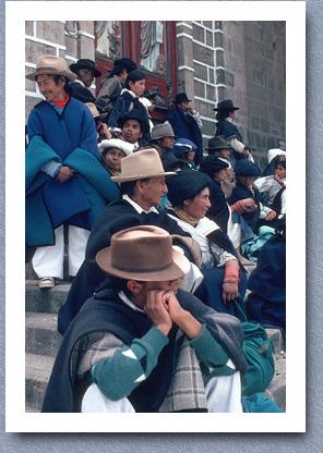 Spectators waitng for Easter procession on church steps, Cotacachi